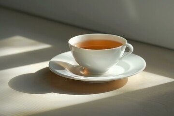 Obraz premium White porcelain cup filled with hot tea sits on a saucer, bathed in warm sunlight streaming through a nearby window