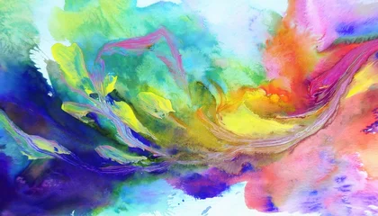 Vibrant Watercolor Abstraction Swirling Hues Dancing Across an Artistic Waters Edge, Depicting a Whimsical and Expressive Moment Frozen in Time
