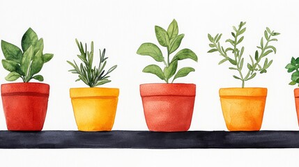 A whimsical illustration of a herb garden with pots of basil, rosemary and thyme.