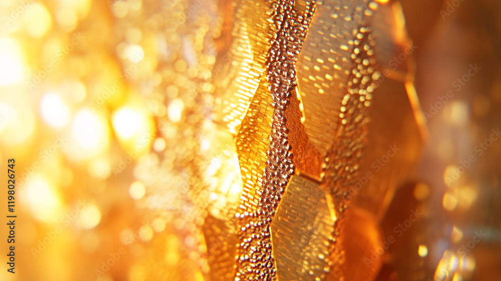 Poster close-up of golden abstract textured surface with bokeh and light reflections