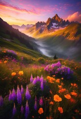 Obraz premium stunning sunrise over majestic mountain range showcasing vibrant colors magical landscape, altitude, aurora, background, beauty, bright, cloud, clouds