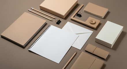 Minimalist stationery collection on a neutral background
