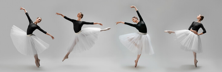 Graceful young ballerina practicing dance moves on light grey background, collage of photos