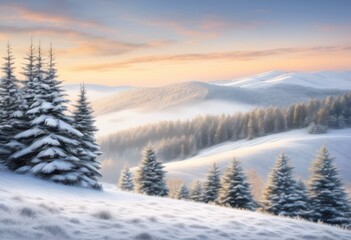 Obraz premium captivating winter landscape featuring frosted misty dense layering snow muted aesthetic natural settings, frozen, pine, trees, wilderness, nature, sky