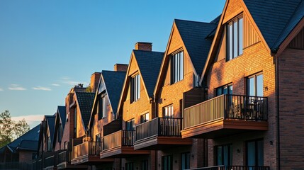Obraz premium A row of stylish townhomes with uniform architecture, featuring brick exteriors, wooden accents, and balconies, bathed in warm evening light.