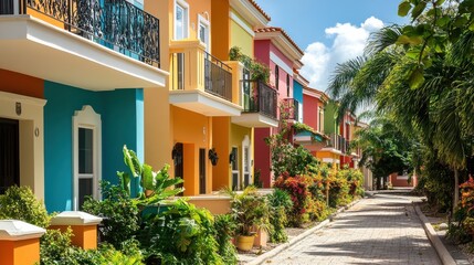 Fototapeta premium A vibrant community of colorful townhouses lined along a quiet street, each unit featuring unique decorative details and lush greenery in front