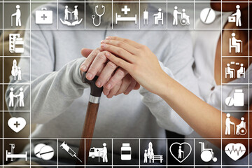 Caregiver and elderly man, closeup. Healthcare icons