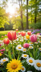 Fototapeta premium Pink tulips and daisies in sunny spring garden 