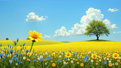 Spring Field with Yellow Flowers and Blue Sky