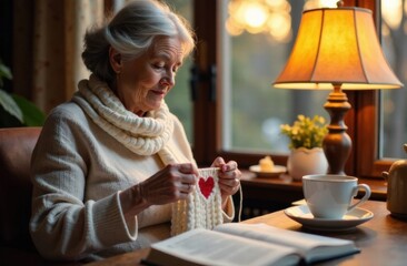 Grandma knits a scarf with a heart as a gift for her granddaughter on Valentine's Day. Love, care, female happiness.