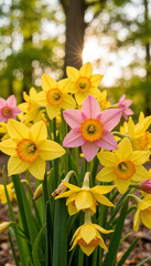Obraz premium Pink and yellow daffodils with sunlight in spring garden 