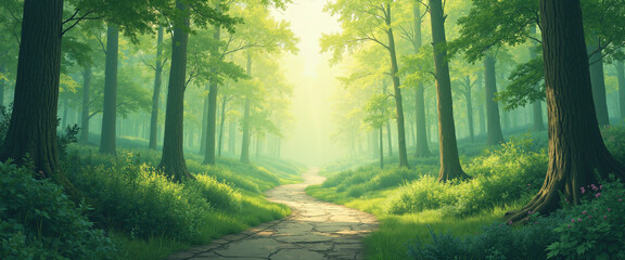 Fototapeta premium Lush Green Forest Pathway Surrounded by Tall Trees and Soft Morning Light Evoking a Sense of Tranquility and Natural Beauty