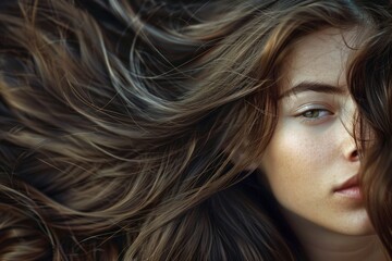 Naklejka premium Beautiful brunette model with healthy long hairstyle.