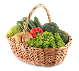 Different fresh vegetables in wicker basket isolated on white