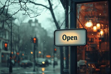 Obraz premium Cozy cafe with open sign on rainy evening street corner
