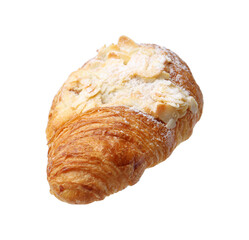 Delicious fresh croissant with almond flakes isolated on white