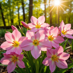 Fototapeta premium Pink flowers in morning sunlight in a lush garden 