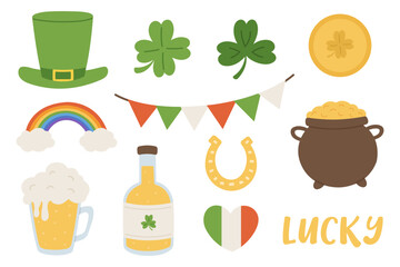 st. patrick day set of elements, collection of design icons, shamrock, hat, rainbow, coin, pot with gold coins, glass of beer, bottle, ale, horseshoe, heart, vector illustration