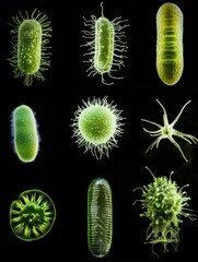 Fototapeta premium Evolutionary sequence of various bacterial forms showcasing diversity in shapes and structures. Generative AI