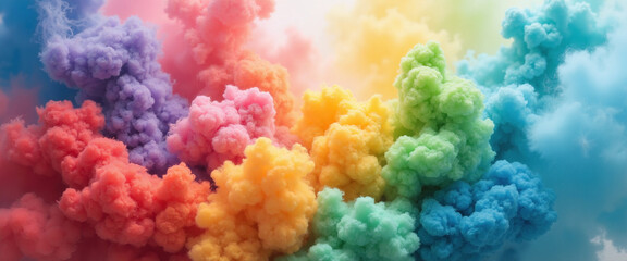Fototapeta premium Cascading colorful clouds in vibrant hues of red, pink, yellow, green, and blue creating a whimsical and dreamy atmosphere resembling flowing ideas