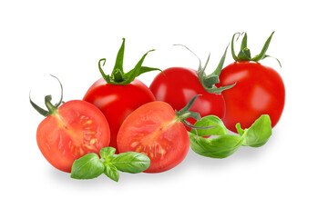 Fresh raw tomatoes and aromatic basil leaves isolated on white