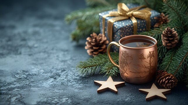 A warm cup of mulled wine sits beside festive decorations, exuding cozy vibes with rich colors and holiday cheer.