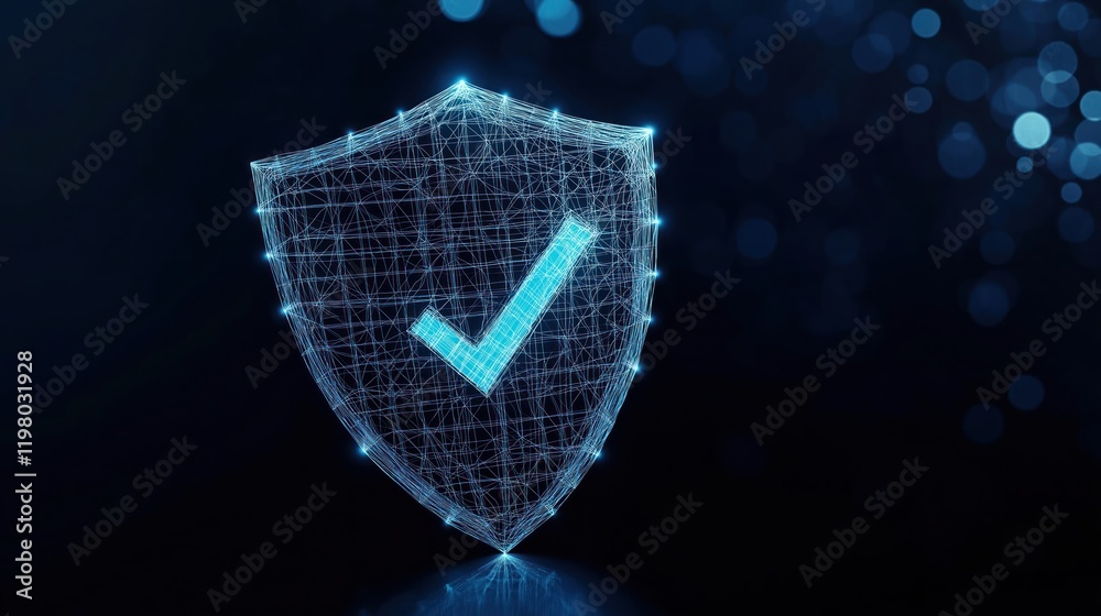 Poster abstract tech illustration shows 3d wireframe shield with glowing checkmark. secure data protection 