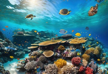 Obraz premium vibrant coral reef teeming colorful marine life floating aquatic treasures educational underwater adventure, aquarium, anemone, blue, bright, flora, habitat