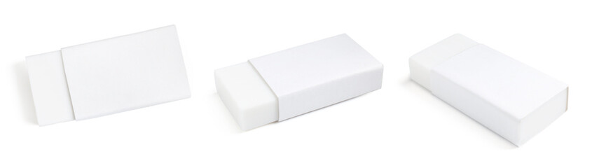 Eraser isolated on white, collage. Different sides