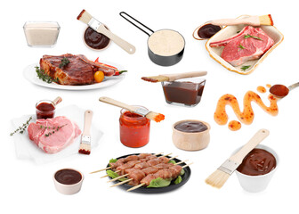 Marinade sauces and different types of marinated meat on white background, collage