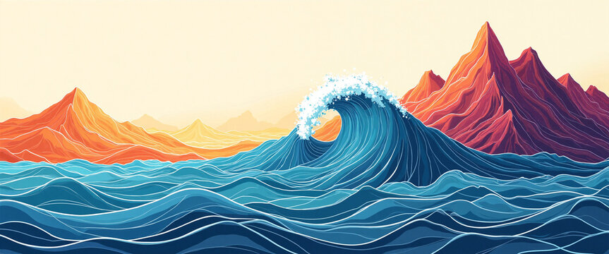 Majestic wave crashing with vibrant blue hues against striking orange mountains at sunset