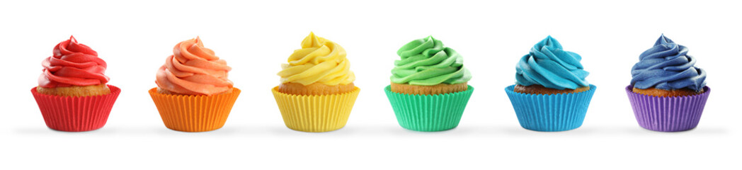 Tasty cupcakes with cream isolated on white, set