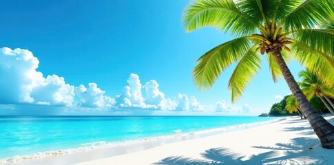 Beachy tropical palm tree print with vibrant colors and white sandy shore, florida, beach, miami beach