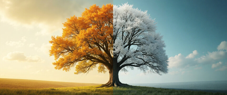 Majestic tree split between autumn and winter, reflecting the serene beauty of seasonal change and the passage of time, set against a colorful sky and gentle landscape