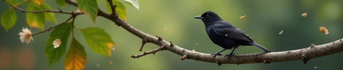 Black bird perched on branch with fluffy feathers scattered around, outdoors, bird nest, wildlife