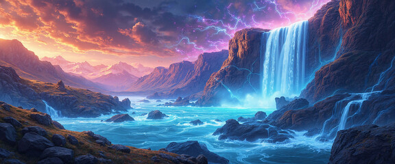 Fototapeta premium Majestic waterfall cascading into a vibrant turquoise pool under dramatic stormy skies at sunset, illuminated by flashes of lightning and surrounded by rugged cliffs