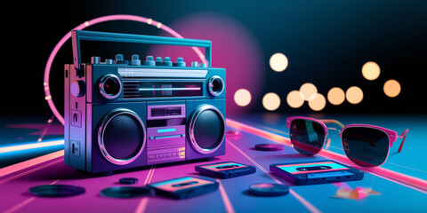 Retro Boombox Cassette Tapes Sunglasses 80s Vibe Neon Lights Music Party Summer Nostalgia 90s