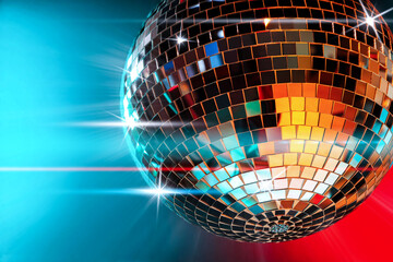 Disco ball reflecting light on colorful background. Nightclub decor