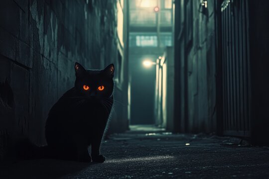 Mysterious black cat with glowing eyes in dark urban alley at night