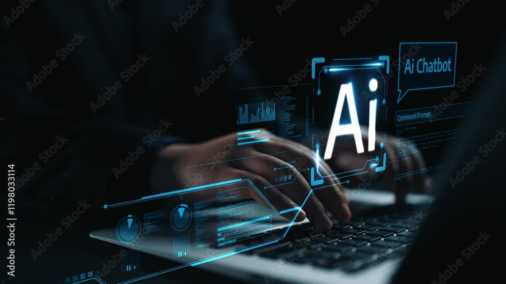 Poster human interact with ai artificial intelligence virtual assistant chatbot in concept of ai artificial