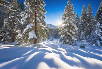 Obraz premium serene pristine winter forest captured glistening snow covered branches blanketing majestic pine trees clear blue sky, nature, landscape, woods, scenery