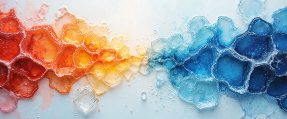 Vibrant liquid patterns in hues of orange and blue create a dynamic visual contrast, evoking a sense of transformation and fluidity against a soft background
