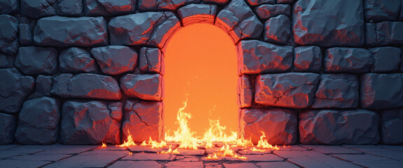 Burning doorway in a stone wall evoking a sense of impending danger and urgency, representing cybersecurity risks through a fiery, chaotic backdrop