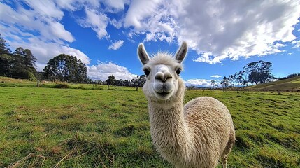 Obraz premium Close-up of llama in field against blue sky with clouds & grass