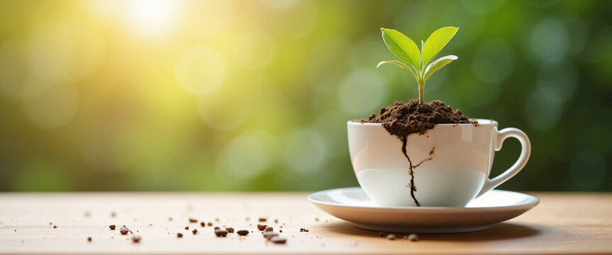Growing green plant in a cracked cup symbolizing rebirth and renewal in a serene natural setting