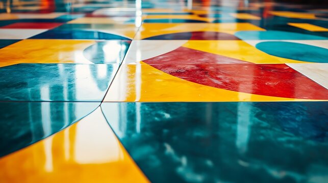 A glossy ceramic tile surface with a vibrant geometric pattern 