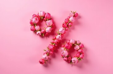 Obraz premium Pink percentage sign made of pink spring flowers on a pink background. Spring discounts. Spring sale in a flower shop. Flowers in the shape of a percent sign. Summer discounts.