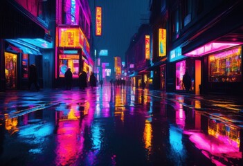 moody rain soaked street revealing colorful reflections from vibrant neon lights glowing shopfronts, sidewalk, puddle, evening, urban, city, asphalt, scene