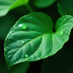 Emerald leaf, large water droplets on surface, vibrant, shiny, texture