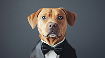 Obraz premium A stylish and poised dog in a tuxedo and bow tie exuding confidence and charm in a minimal and surreal artistic setting 